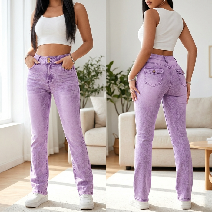 Women's High-Waist Bootcut Jeans – Stretch Denim in Pink & Purple
