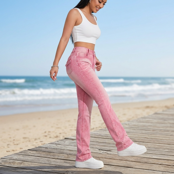 Women's High-Waist Bootcut Jeans – Stretch Denim in Pink & Purple