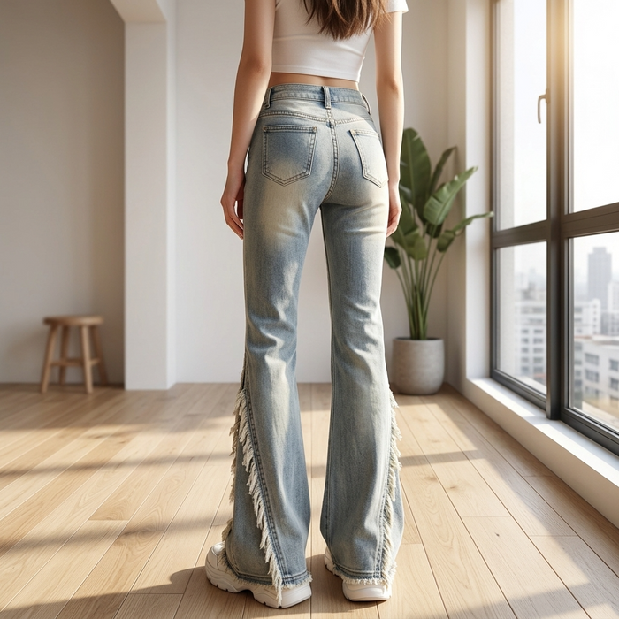Women's High-Waist Micro-Flare Jeans – Vintage Bootcut Denim with Raw Edge & Slimming Fit