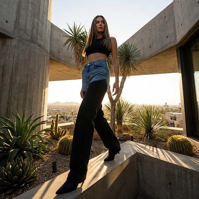 Women's High Waist Straight-Leg Jeans – Distressed Blue-Black Denim with Color Block Detail, Casual Vintage Style & Flattering Fit