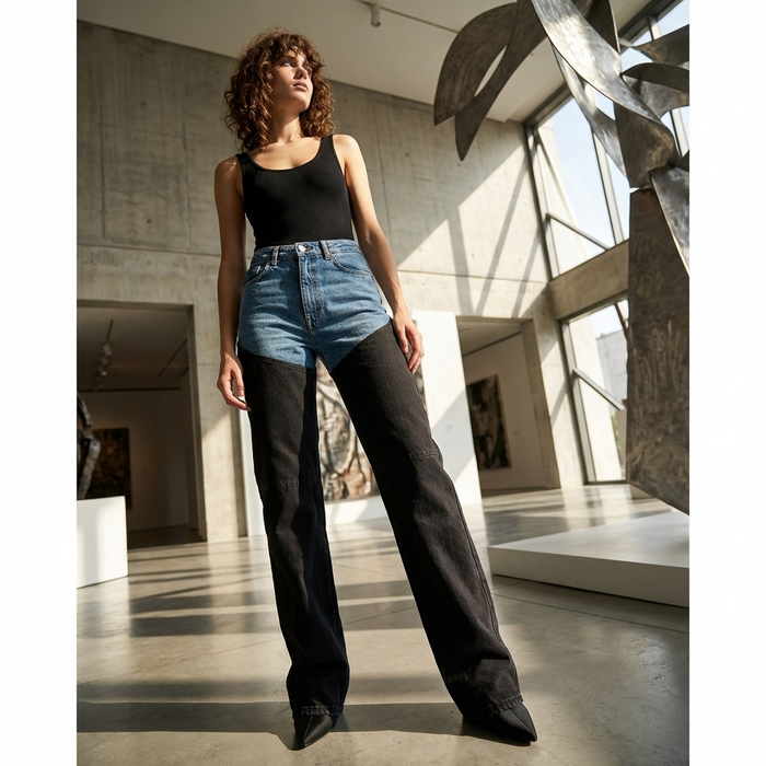 Women's High Waist Straight-Leg Jeans – Distressed Blue-Black Denim with Color Block Detail, Casual Vintage Style & Flattering Fit