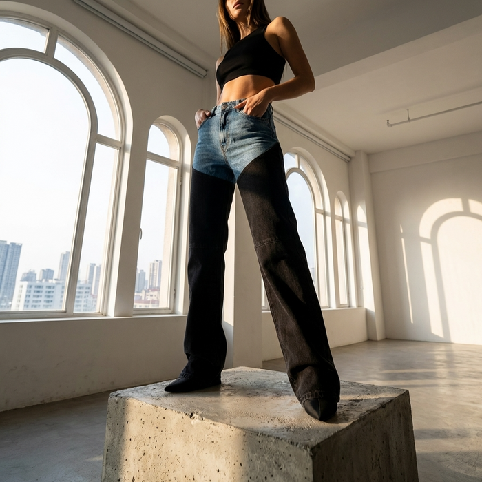 Women's High Waist Straight-Leg Jeans – Distressed Blue-Black Denim with Color Block Detail, Casual Vintage Style & Flattering Fit