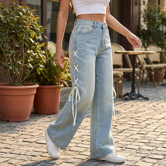 Women's High-Waist Wide-Leg Jeans with Side Ribbon – Embroidered Loose Fit Denim Pants