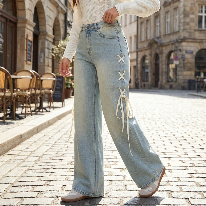 Women's High-Waist Wide-Leg Jeans with Side Ribbon – Embroidered Loose Fit Denim Pants