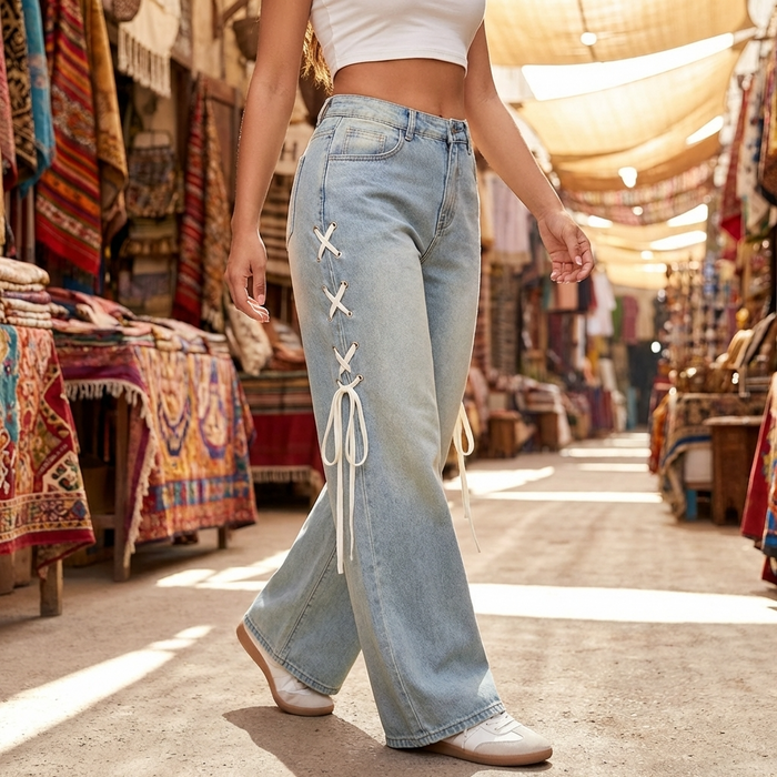 Women's High-Waist Wide-Leg Jeans with Side Ribbon – Embroidered Loose Fit Denim Pants