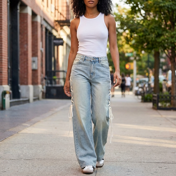 Women's High-Waist Wide-Leg Jeans with Side Ribbon – Embroidered Loose Fit Denim Pants