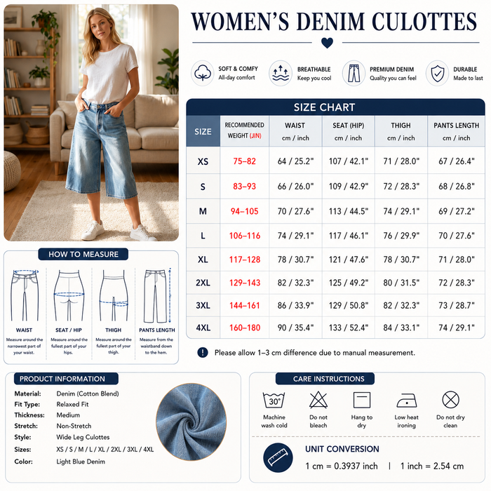 Women's High Waist Wide-Leg Jort Denim Pants – Cropped 7-Point Jeans with Button Closure, Breathable Cotton Blend & Casual Summer Style