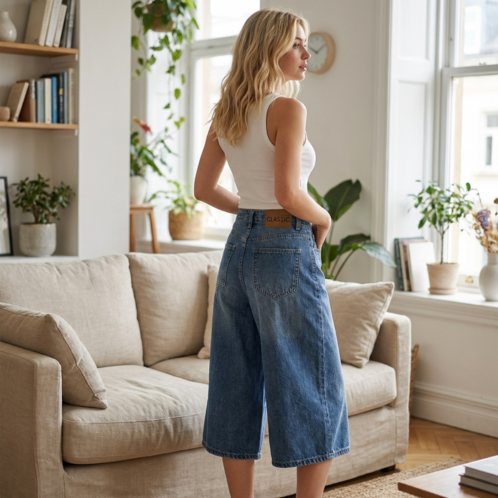 Women's High Waist Wide-Leg Jort Denim Pants – Cropped 7-Point Jeans with Button Closure, Breathable Cotton Blend & Casual Summer Style