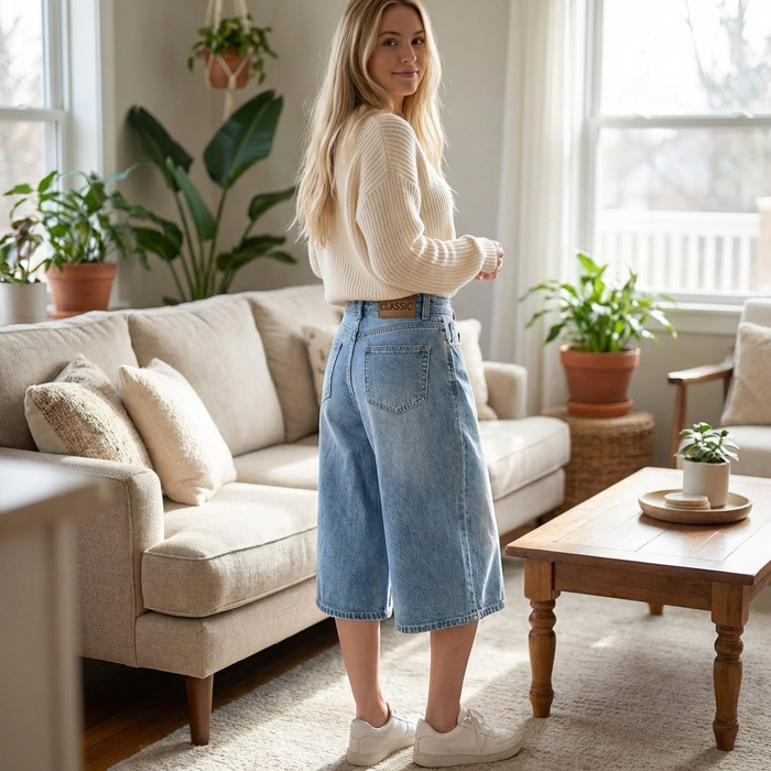 Women's High Waist Wide-Leg Jort Denim Pants – Cropped 7-Point Jeans with Button Closure, Breathable Cotton Blend & Casual Summer Style