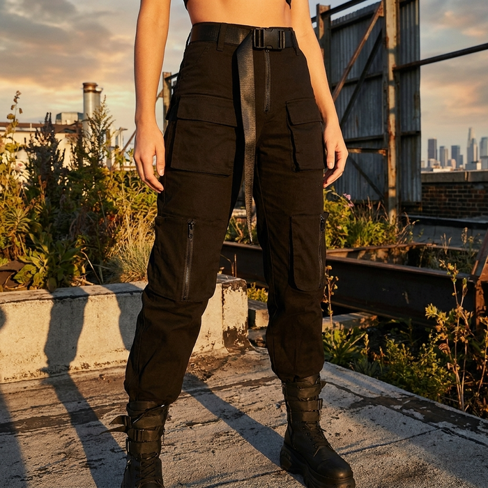 Women's High-Waisted Cargo Jogger Pants – Street Style Utility Pants with Multiple Pockets, S–L, Black