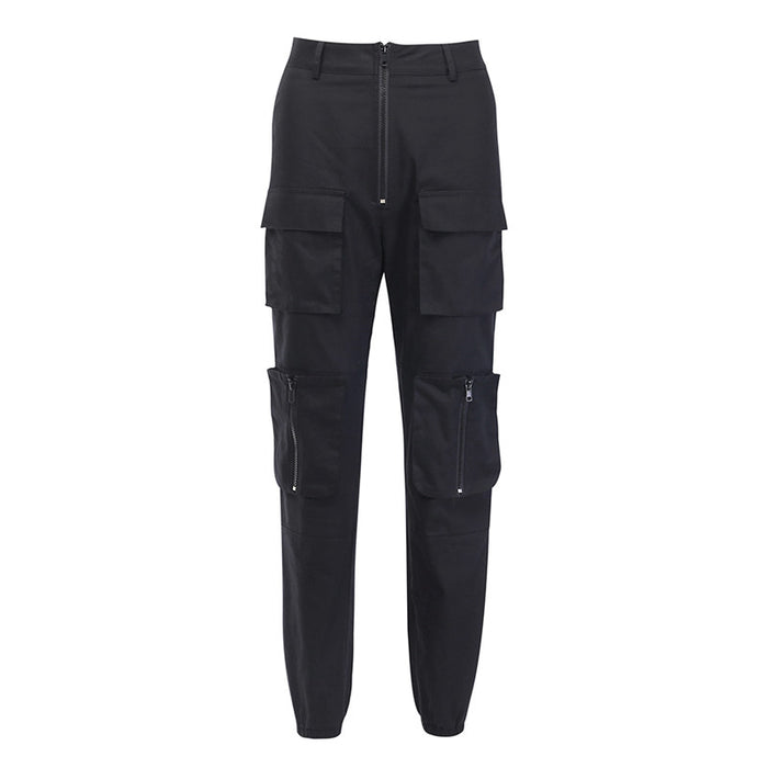 Women's High-Waisted Cargo Jogger Pants – Street Style Utility Pants with Multiple Pockets, S–L, Black