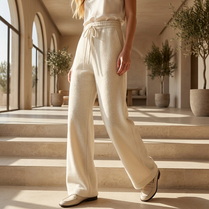 Women's High-Waisted Wide-Leg Wool Blend Pants – Fleece-Lined Straight Trousers with Elastic Waist, Soft Silk Blend & Elegant Winter Style