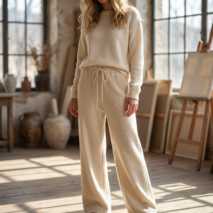 Women's High-Waisted Wide-Leg Wool Blend Pants – Fleece-Lined Straight Trousers with Elastic Waist, Soft Silk Blend & Elegant Winter Style