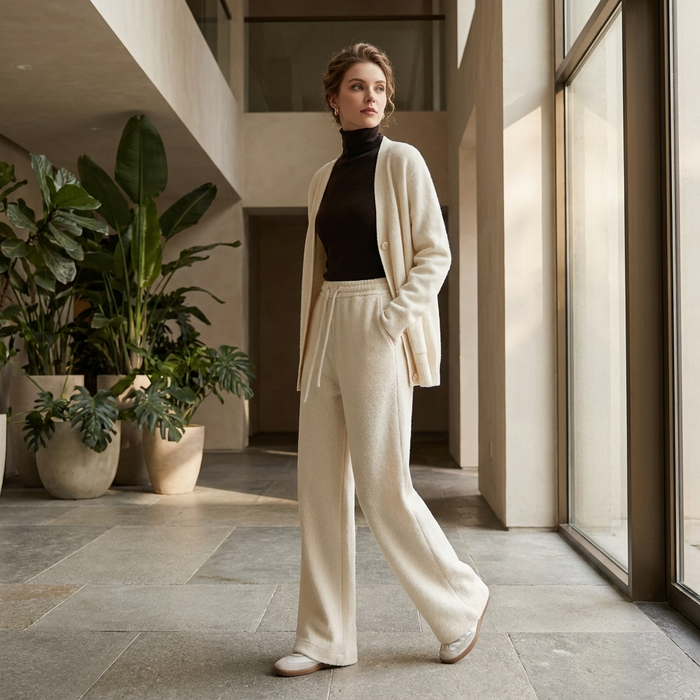 Women's High-Waisted Wide-Leg Wool Blend Pants – Fleece-Lined Straight Trousers with Elastic Waist, Soft Silk Blend & Elegant Winter Style
