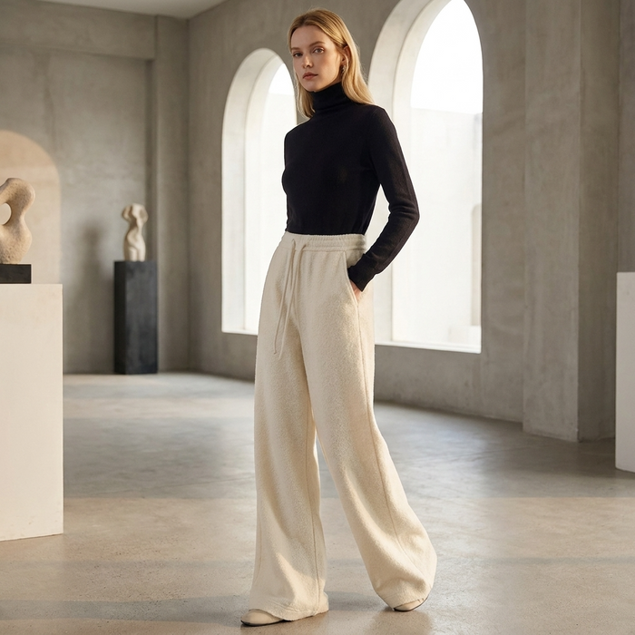 Women's High-Waisted Wide-Leg Wool Blend Pants – Fleece-Lined Straight Trousers with Elastic Waist, Soft Silk Blend & Elegant Winter Style
