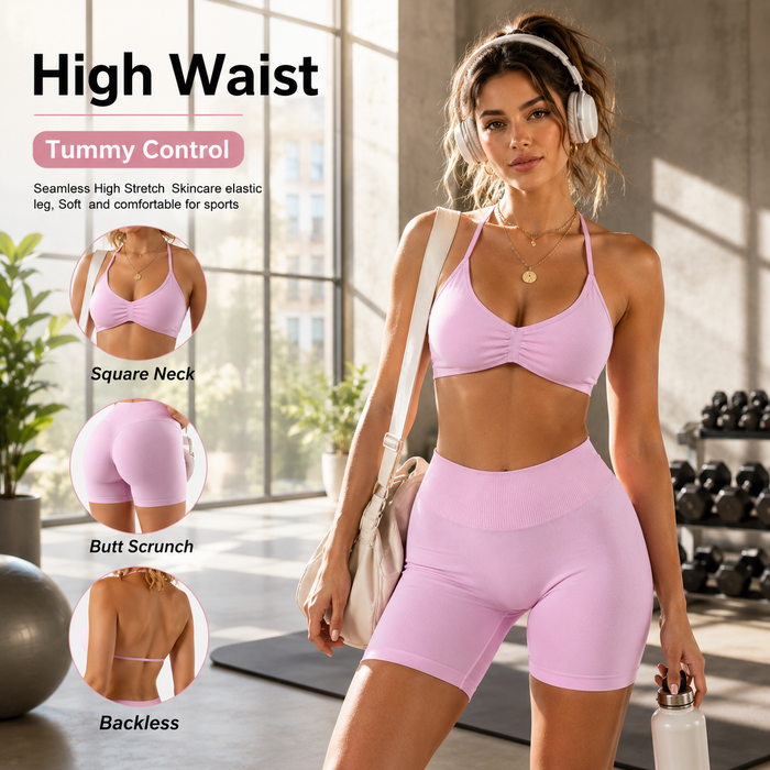 Women's High-Waisted Yoga Set – Sports Bra & Shorts with Detachable Pads, Butt-Lifting Sculpting Activewear