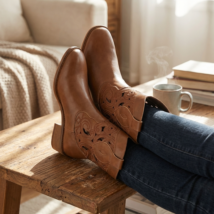 Women’s Hollow-Out Cowboy Boots – Genuine Leather Western Mid-Calf Boots with Embroidery, Block Heel & Breathable Cutout Design