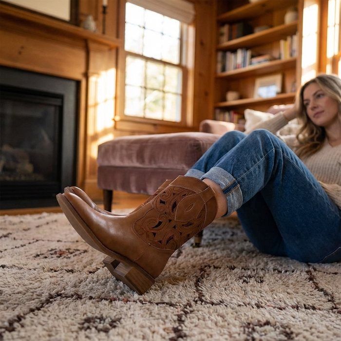 Women’s Hollow-Out Cowboy Boots – Genuine Leather Western Mid-Calf Boots with Embroidery, Block Heel & Breathable Cutout Design