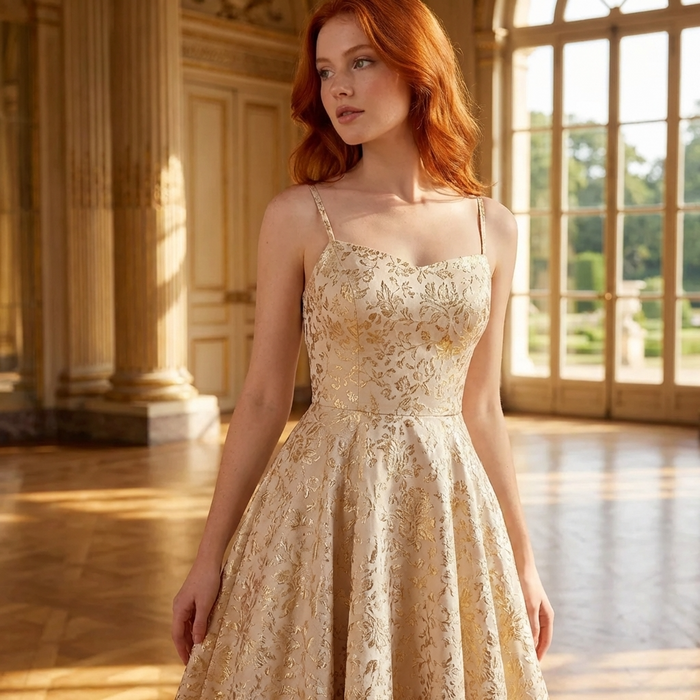 Women's Jacquard Slip Dress – A-Line Camisole High-Waist Mid-Length Formal Party Dress