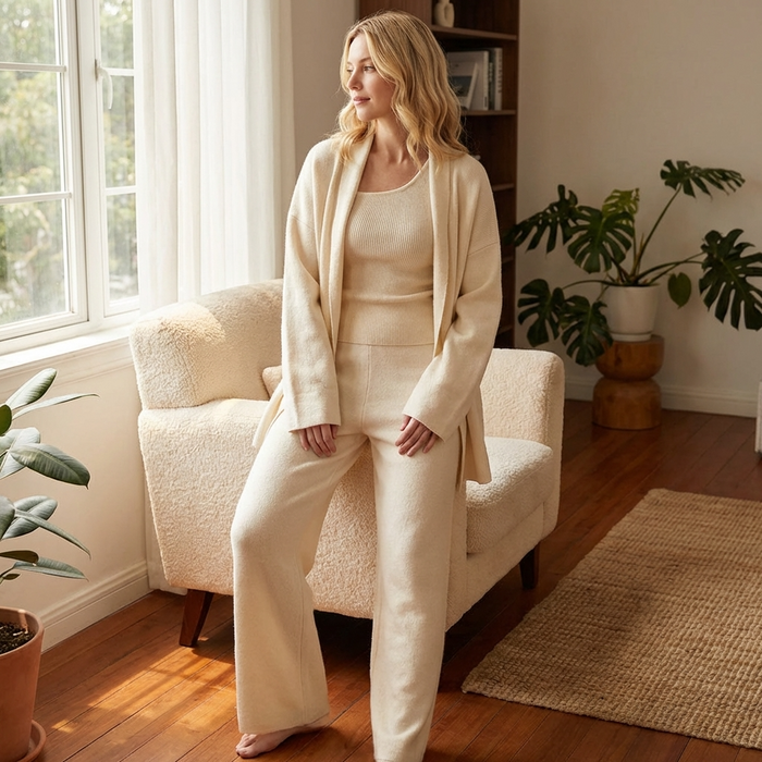 Women's Knit Cardigan 3-Piece Set – Soft Sweater Outfit with Cardigan, Top & Wide-Leg Pants for Office, Lounge & Casual Wear