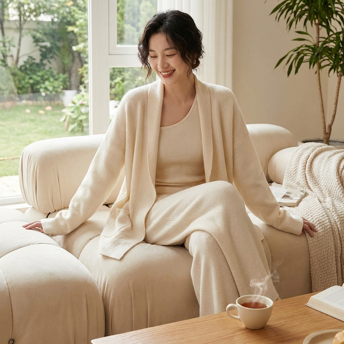Women's Knit Cardigan 3-Piece Set – Soft Sweater Outfit with Cardigan, Top & Wide-Leg Pants for Office, Lounge & Casual Wear