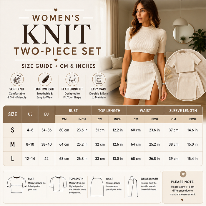 Women's Knit Two-Piece Set – Midriff Crop Top and High-Slit Button Skirt