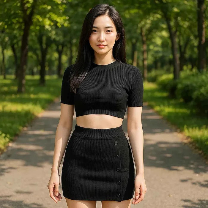 Women's Knit Two-Piece Set – Midriff Crop Top and High-Slit Button Skirt
