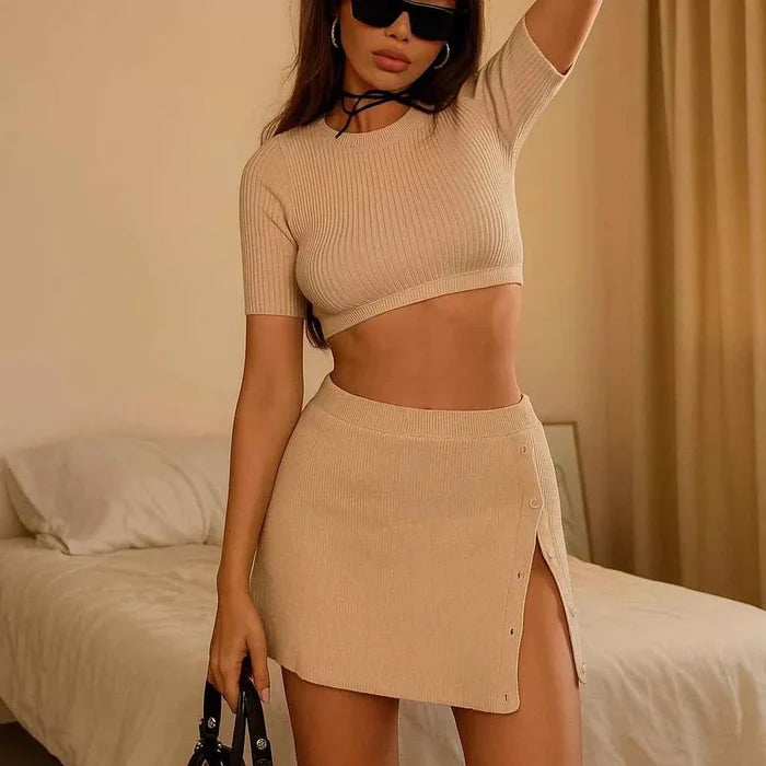 Women's Knit Two-Piece Set – Midriff Crop Top and High-Slit Button Skirt