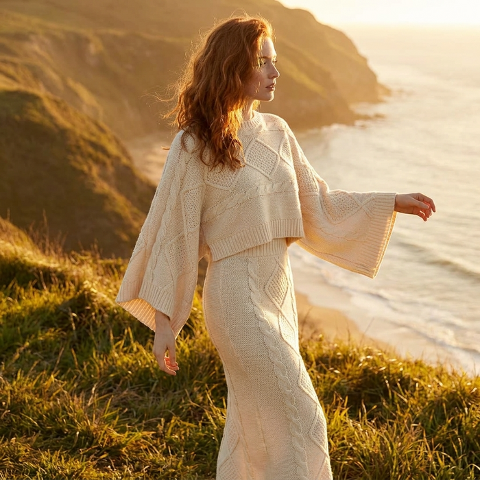 Women's Knitted Bat-Sleeve Sweater & Skirt Set – 100% Cotton Two-Piece