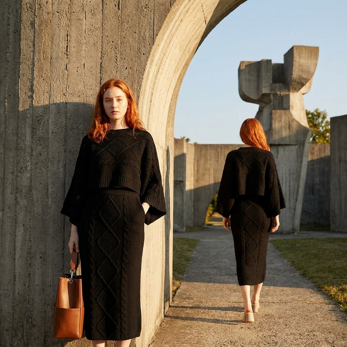 Women's Knitted Bat-Sleeve Sweater & Skirt Set – 100% Cotton Two-Piece