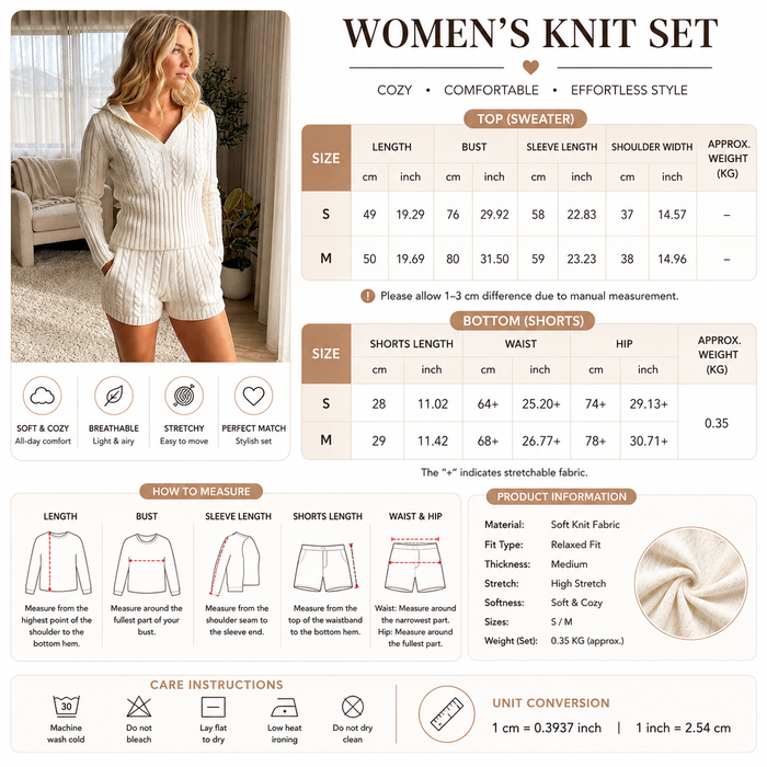Women’s Knitted Hooded Sweater & Shorts Set – Casual Crop Top Lounge Suit