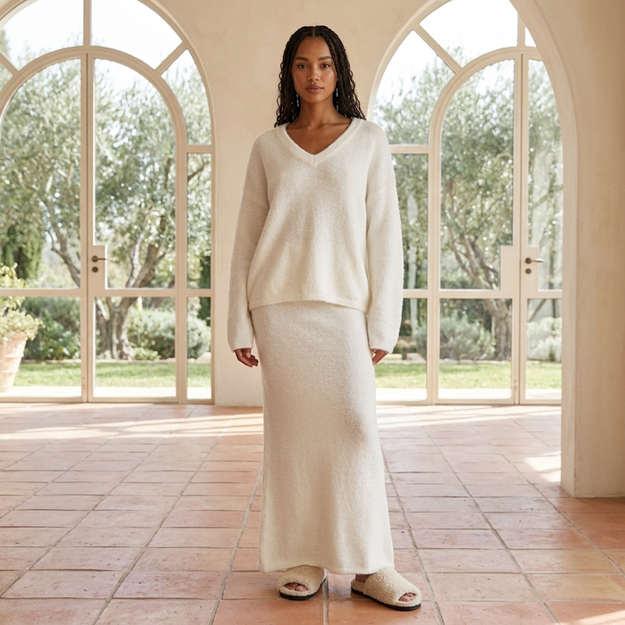 Women's Knitted V-Neck Sweater & Long Skirt Set – 100% Nylon, Slim Fit Two-Piece Outfit, S–L, 3 Colors