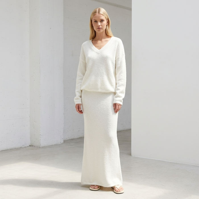 Women's Knitted V-Neck Sweater & Long Skirt Set – 100% Nylon, Slim Fit Two-Piece Outfit, S–L, 3 Colors