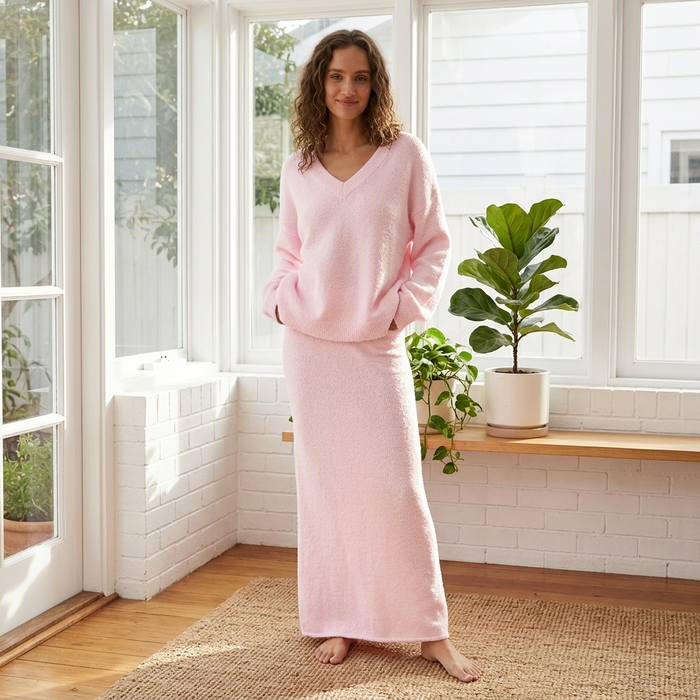 Women's Knitted V-Neck Sweater & Long Skirt Set – 100% Nylon, Slim Fit Two-Piece Outfit, S–L, 3 Colors