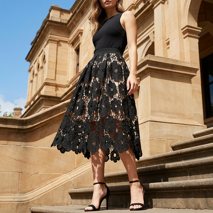 Women's Lace A-Line High-Waist Midi Skirt