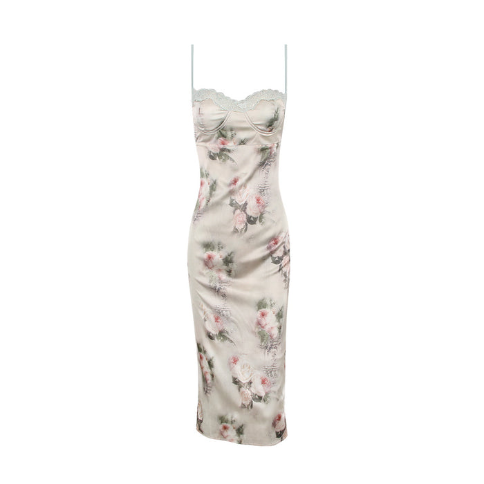 Women's Lace Suspender Midi Dress – Backless Satin V-Neck Bodycon Evening Dress