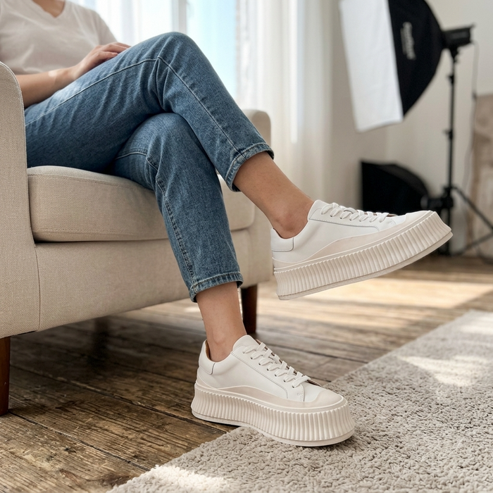 Women's Leather Platform Sneakers – Cowhide Slip-On with Thick Sole