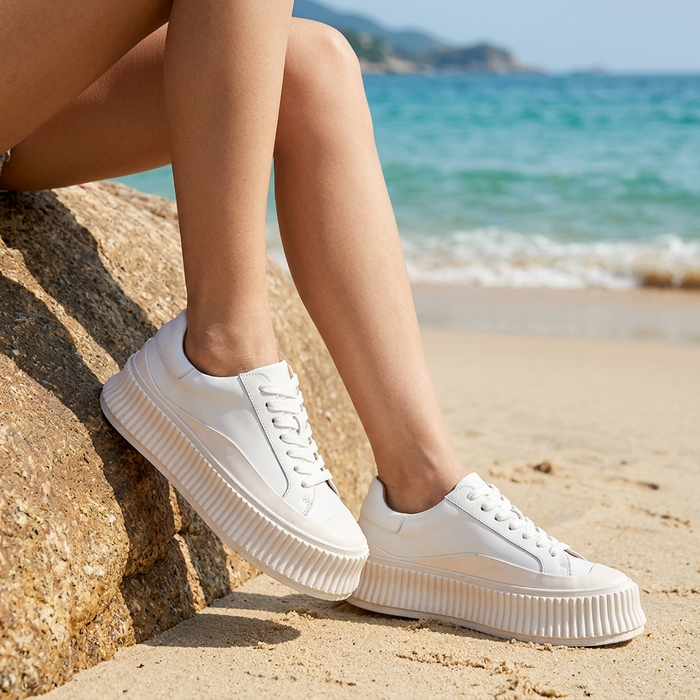 Women's Leather Platform Sneakers – Cowhide Slip-On with Thick Sole