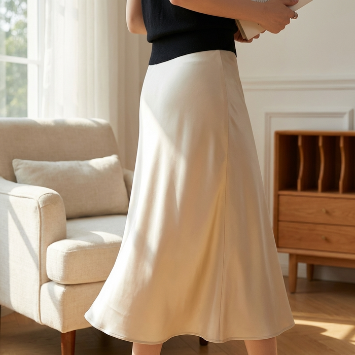 Women's Long Satin Fishtail Skirt – Elegant Bias-Cut A-Line Midi Skirt in Triacetate Blend with Smooth Draping for Office & Casual Wear