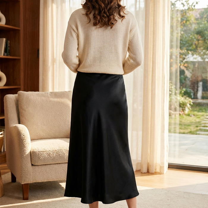 Women's Long Satin Fishtail Skirt – Elegant Bias-Cut A-Line Midi Skirt in Triacetate Blend with Smooth Draping for Office & Casual Wear