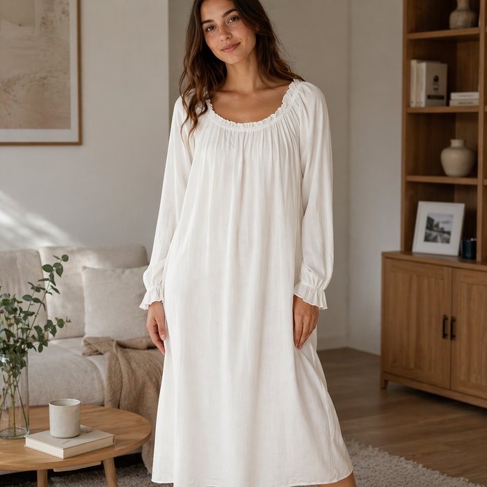 Women's Long Sleeve Cotton Nightgown – Soft Breathable Sleep Dress with U-Neck, Ruffled Hem & Elegant Princess Style