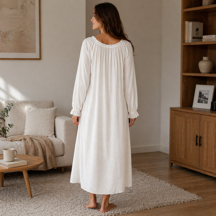 Women's Long Sleeve Cotton Nightgown – Soft Breathable Sleep Dress with U-Neck, Ruffled Hem & Elegant Princess Style