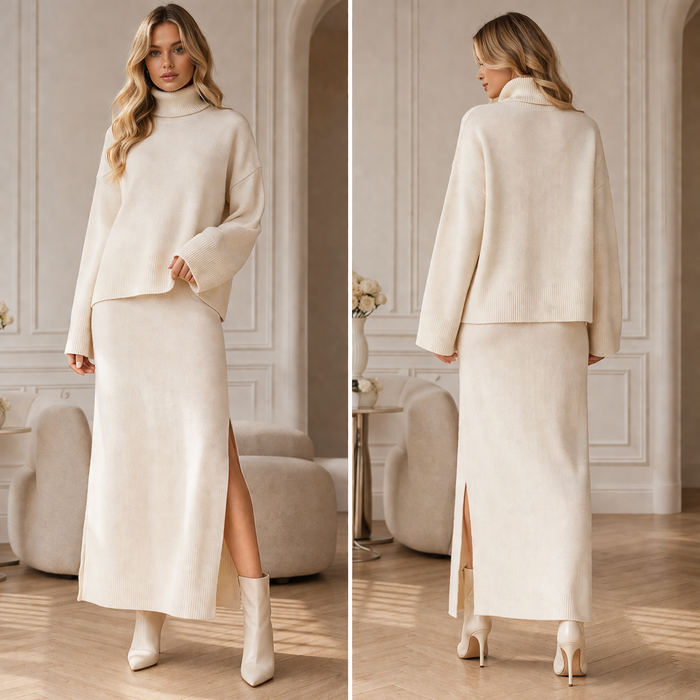 Women's Loose Sweater & Split Long Skirt Set – Viscose Two-Piece for Spring, Autumn & Winter