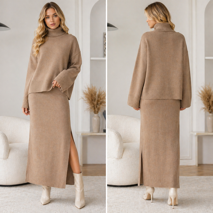 Women's Loose Sweater & Split Long Skirt Set – Viscose Two-Piece for Spring, Autumn & Winter
