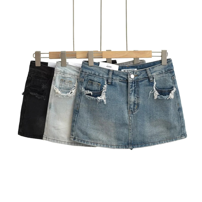 Women's Low Waist Denim Mini Skirt – Distressed Stretch Jean Skirt with Slim Fit, Anti-Exposure Design & Trendy Streetwear Style
