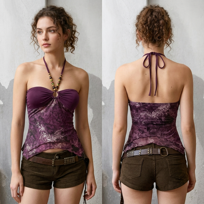 Women's Maillard Retro Beaded Halter Top – Mesh Irregular Hem Crop Top with Ethnic Bead Straps