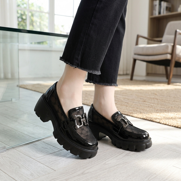 Women's Mesh Platform Slip-On Loafers – Chunky 6.5cm Sole with Square Buckle Detail