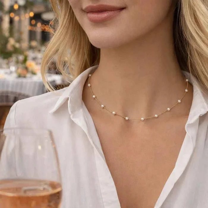 Women's Minimalist Imitation Pearl Necklace – 4mm Pearl Chain in Gold or Silver