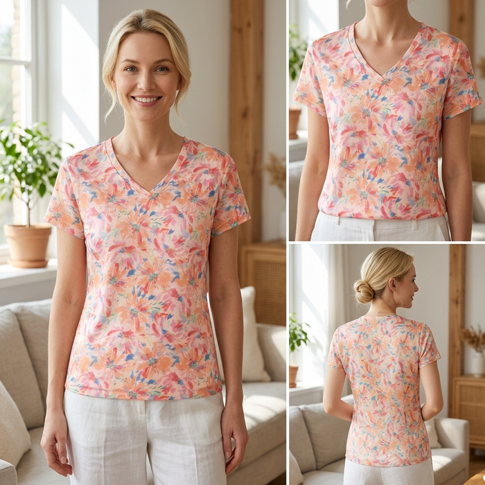 Women's  Mulberry Silk Floral Blouse – V-Neck Short Sleeve