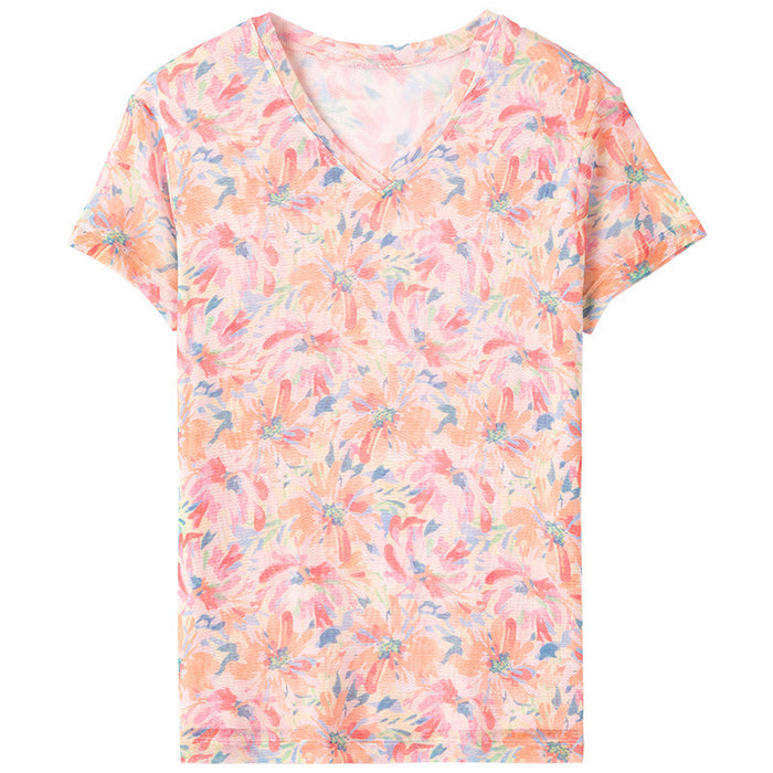 Women's  Mulberry Silk Floral Blouse – V-Neck Short Sleeve